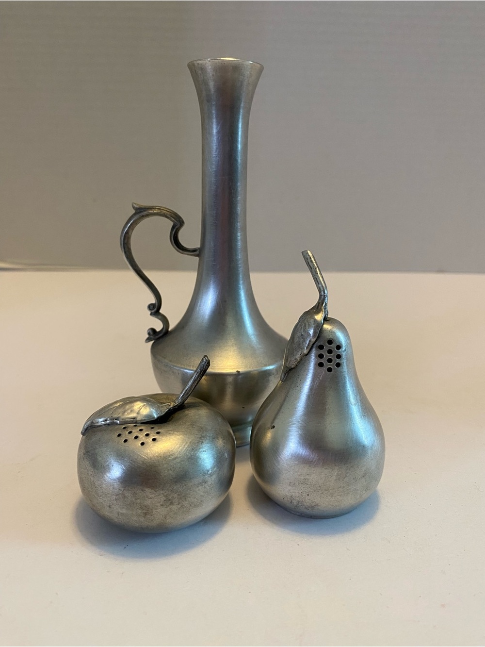 Vintage Pewter Apple And Pear Salt And Pepper Shakers  & Bud Vase Silver